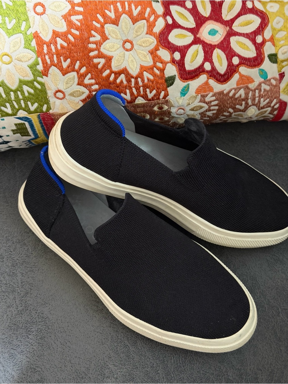 Rothy   Men's Black Slip-On Canvas Loafers with Blue Heel Trim